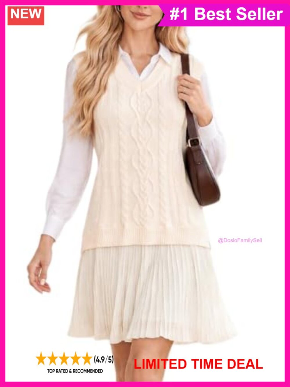 Cable Knit Sleeveless Mini Dress Pleated Chiffon Patchwork V-Neck